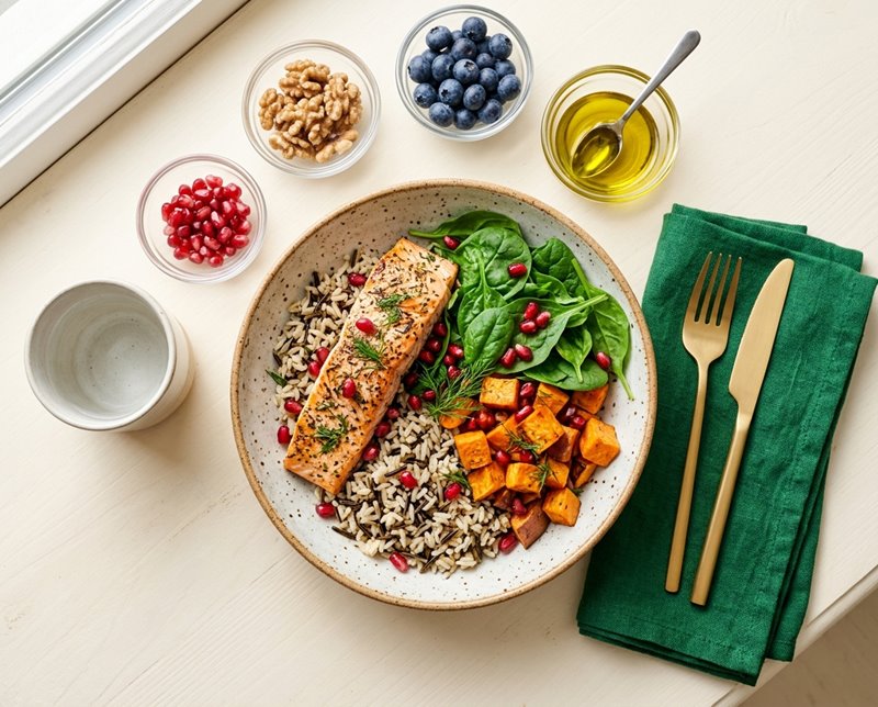 Nutrične vyvážené jedlo s lososom, batátmi a granátovým jablkom pre zdravý jedálniček NUTRITON